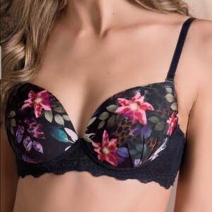 Laura Colombian Lingerie‎ Wired Bra 36B Black Floral Natural Enhancer Mesh Sheer
